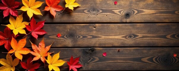 Fototapeta premium Rustic wood planks, fallen leaves, autumn colors, woods, brown