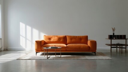 orange sofa in white background, no shadow in the background