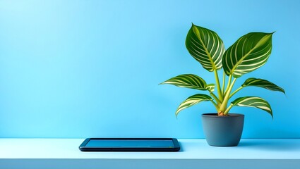 Modern workspace with tablet and dieffenbachia plant