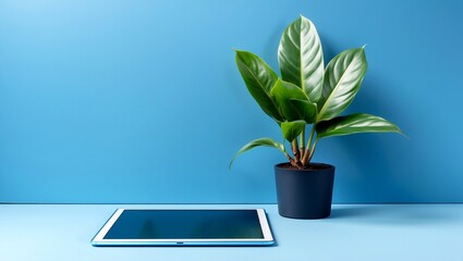 Modern workspace with tablet and dieffenbachia plant