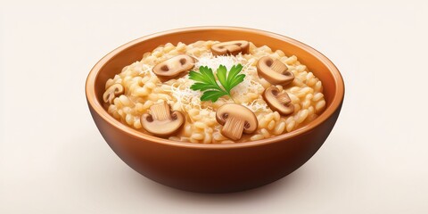 Realistic 3D Icon Cartoon of A Bowl of Mushroom Risotto with Parmesan