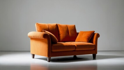 orange sofa in white background, no shadow in the background