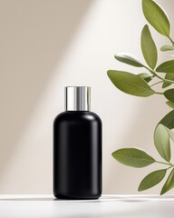 Minimalist skincare product packaging with neutral backdrop concept. Elegant black bottle with silver cap and greenery background