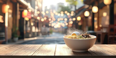 Realistic 3D Icon Cartoon of A Bowl of Ramen with Shiitake Mushrooms and Soft-Boiled Egg on a Wooden Table with a Softly Blurred Japanese Street Background