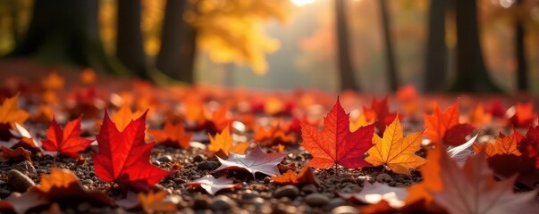 Vibrant red & orange maple leaves scattered on forest floor, fall, element, red leaves
