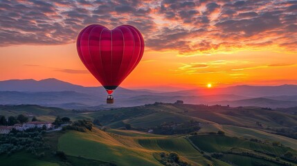 Obraz premium Heart Shaped Hot Air Balloon at Sunrise Over Rolling Hills