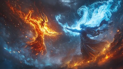 A battle between a fire demon and an ice mage, intense magic colliding in the air