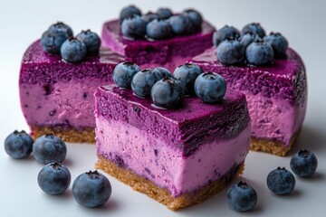 Delicious blueberry cheesecake slices topped with fresh blueberries showcasing vibrant purple hues and a tempting dessert indulgence