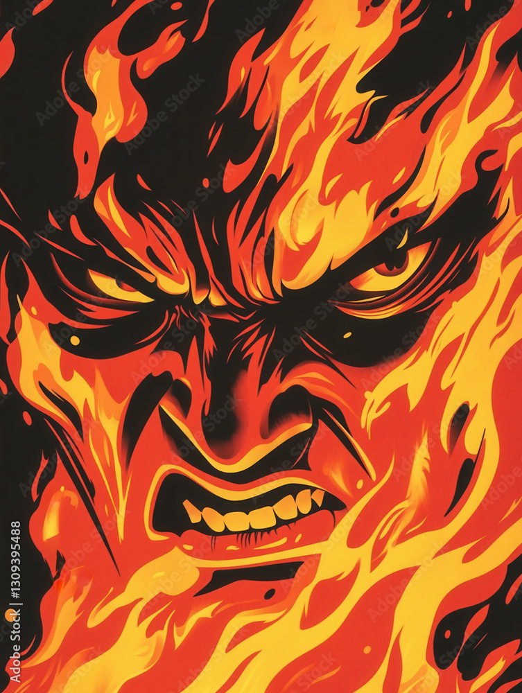 Poster intense illustration of an angry person engulfed in flames showcasing a fierce expression in bold re