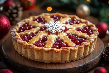 Festive cranberry pie decorated with snowflake on wooden board Seasonal holiday dessert for Christmas or winter celebrations
