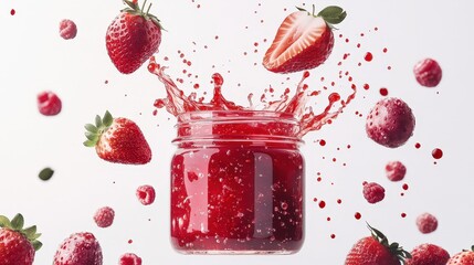 Fototapeta premium A bold and playful strawberry jam ad where ripe strawberries cascade into an open jar, surrounded by fresh berries. 