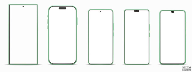 Set of 3D green smartphone mockup with white screen. Green mobile phone isolated on white background.
