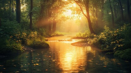 Obraz premium A breathtaking view of a quiet brook weaving through a dense forest, with warm sunlight dancing across the waterâ€™s surface. 