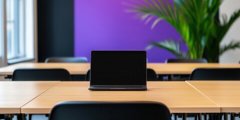 Startup culture lean startup concept. A modern workspace featuring a laptop on a wooden table with a vibrant purple wall and a green plant in the background.