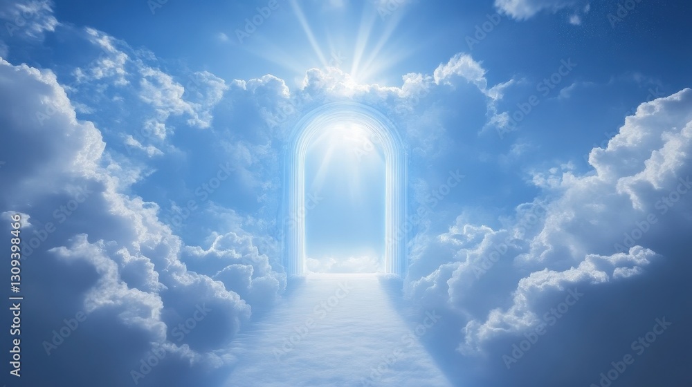 Poster a celestial gateway floating in the sky, divine and ethereal