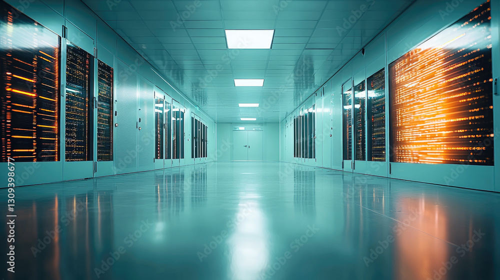 Poster modern data center corridor with glowing server racks and reflective floor