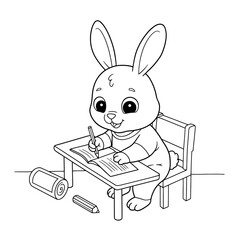 Bunny Sitting at Desk Writing in Notebook  coloring page– Adorable Rabbit Coloring Page for Kids, Fun Animal Illustration for Children’s Activity, Black and White Line Art, Educational Drawing