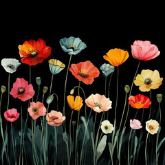 Fototapeta premium A collection of elegant poppies in various shades rises against a dark backdrop. The flowers showcase different colors from coral to yellow, creating a harmonious botanical composition