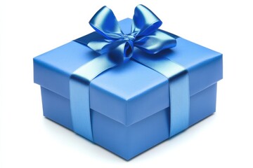 Obraz premium Elegant Blue Gift Box with Ribbon and Bow Isolated on White Background