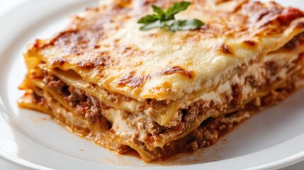 A classic Italian lasagna with layers of fresh pasta, slow-cooked meat sauce, velvety and bubbling golden cheese on top.