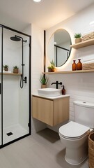 A sleek and modern bathroom designed with smart space-saving solutions and a minimalist aesthetic.