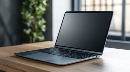Fototapeta premium A close-up of a modern laptop with a blank display, placed neatly on a wooden table, ready for design mockup, isolated on a pure white background, minimal and elegant