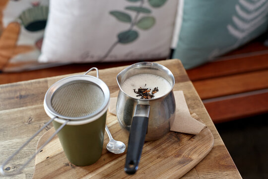 Chai latte prepared on table in cafe