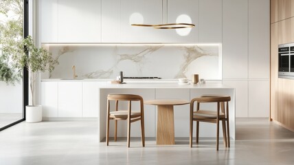 White kitchen interior featuring sunlit island, wooden dining table, expansive windows, radiating bright, open living space