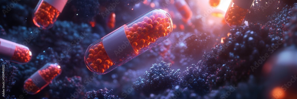 Poster Surreal medical landscape filled with vibrant pill structures illuminated by dreamlike lighting Generative AI
