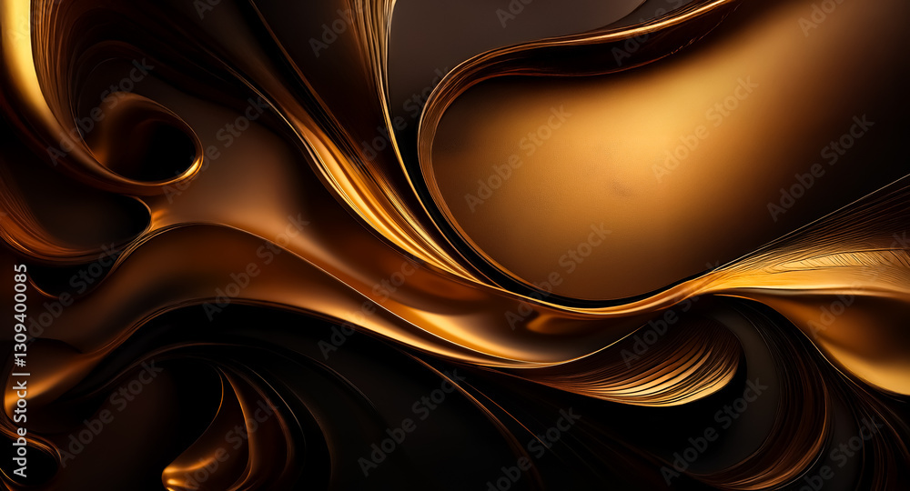 Poster an opulent gold design unfolds with fluid, ribbon-like waves against a dark backdrop, creating a lux
