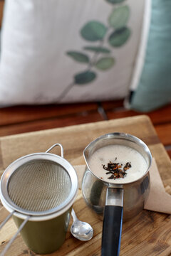 Chai latte prepared on table in cafe