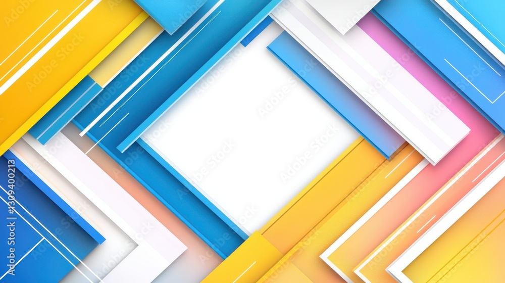 Poster a colorful abstract background featuring layered frames in blue, yellow, and white, creating a dynam