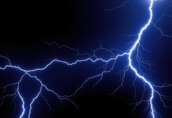 Vibrant electric lightning bolt strikes across black sky illuminating darkness with bright jagged energy