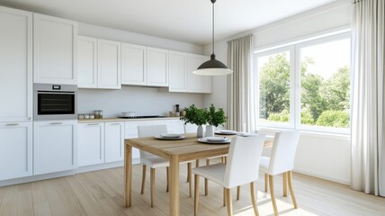 Bright and airy white kitchen interior with island, dining table, and large windows, creating a welcoming and spacious atmosphere
