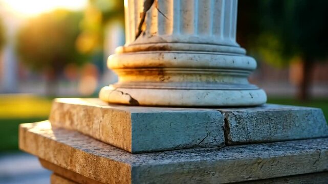 Ancient stone column base in sunlight
