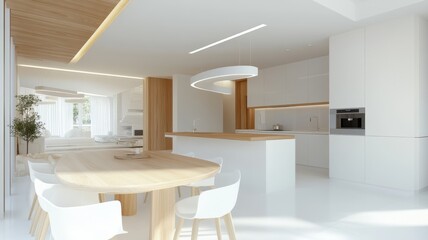 Bright and airy white kitchen interior with island, dining wood table, and large windows, creating a welcoming and spacious aesthetic atmosphere