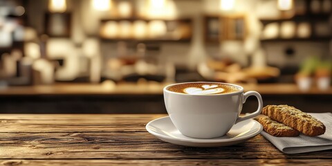 Fototapeta premium Realistic 3D Icon Cartoon of A Cup of Espresso with a Biscotti on a Wooden Table with a Softly Blurred Italian CafÃ? Background