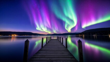 Serene lake pier under vibrant aurora and stars