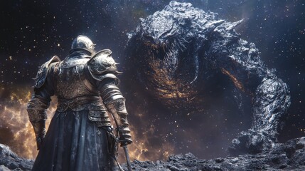 Fototapeta premium A cosmic knight wearing celestial armor, standing against a massive interstellar beast