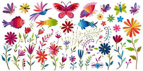 Colorful Mexican Traditional Textile Embroidery Style. Folk Otomi style graphic, wallpaper. Festive Mexican floral motif © ARTvektor