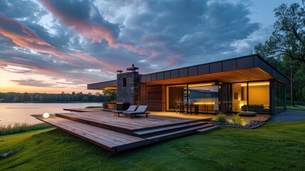 Modern house by the river at evening.