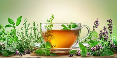 Realistic 3D Icon Cartoon of a Cup of Herbal Tea with Fresh Herbs