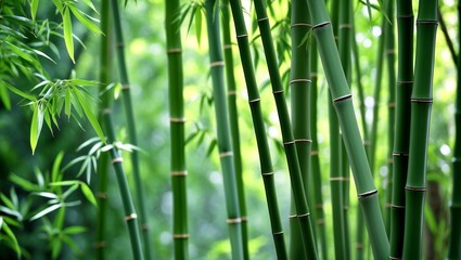 Fototapeta premium Serene pale green bamboo stalks in lush forest