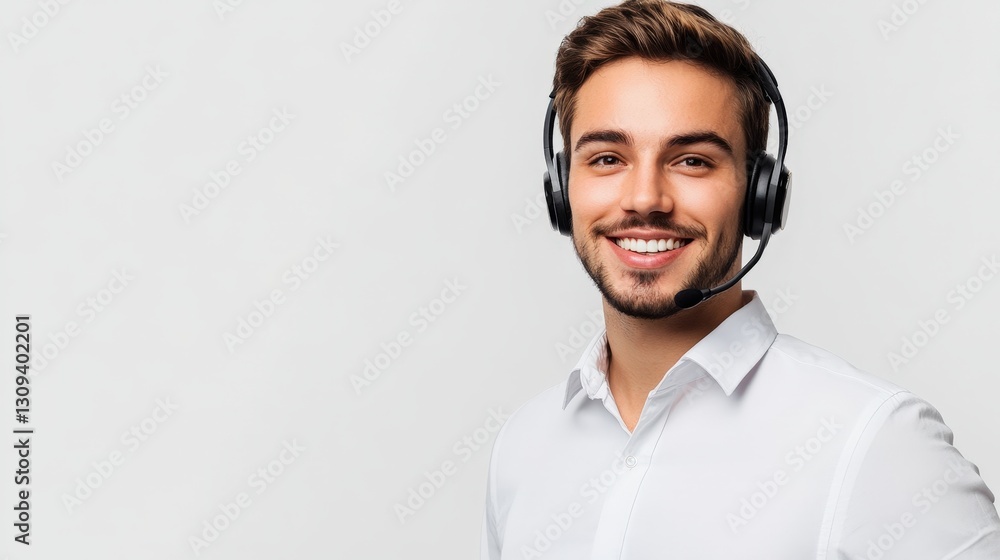 Poster a customer service representative wearing a headset, smiling while assisting clients, isolated on a 