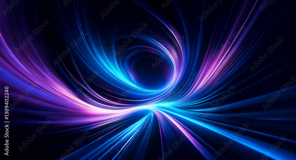 Poster swirling blue and purple light trails create a dynamic vortex effect against a dark backdrop, evokin