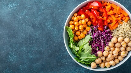 Meal Prep Made Simple with Plant-Based Protein concept. Colorful and Fresh Vegetable Salad with Chickpeas and Quinoa in a Bowl on Blue Background