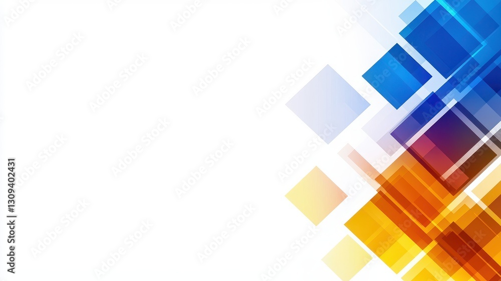 Poster a colorful abstract design featuring overlapping squares in vibrant hues against a white background.