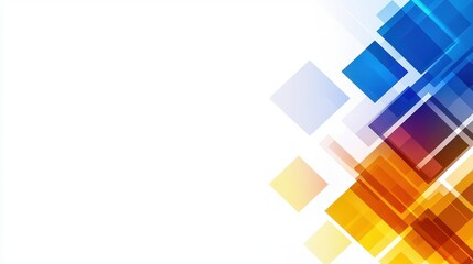 A colorful abstract design featuring overlapping squares in vibrant hues against a white background.