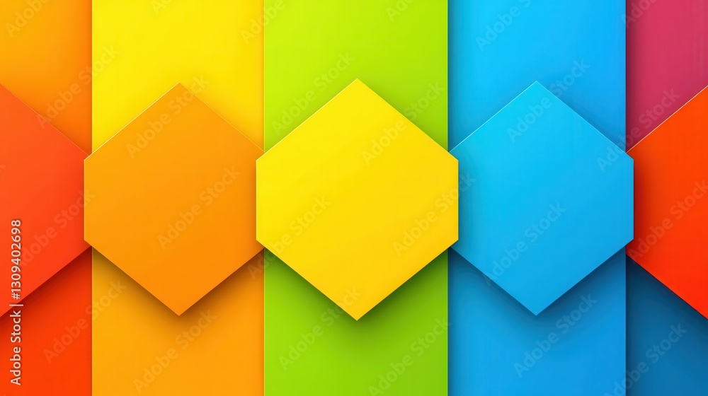 Poster a vibrant, abstract design featuring colorful vertical stripes and hexagonal shapes, creating a mode