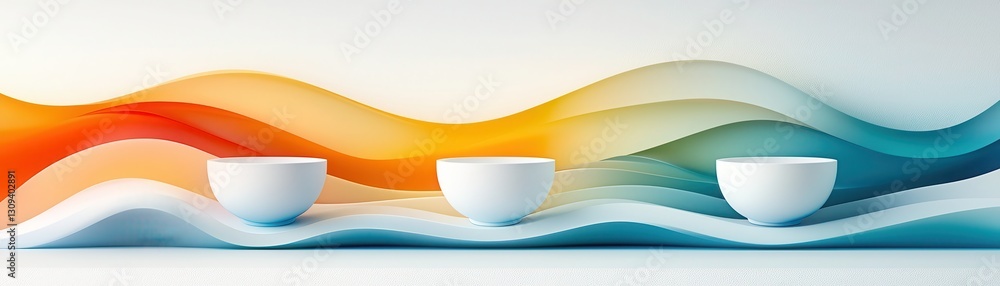 Poster three white bowls are placed on a wave-like background of vibrant colors, creating a serene and mode